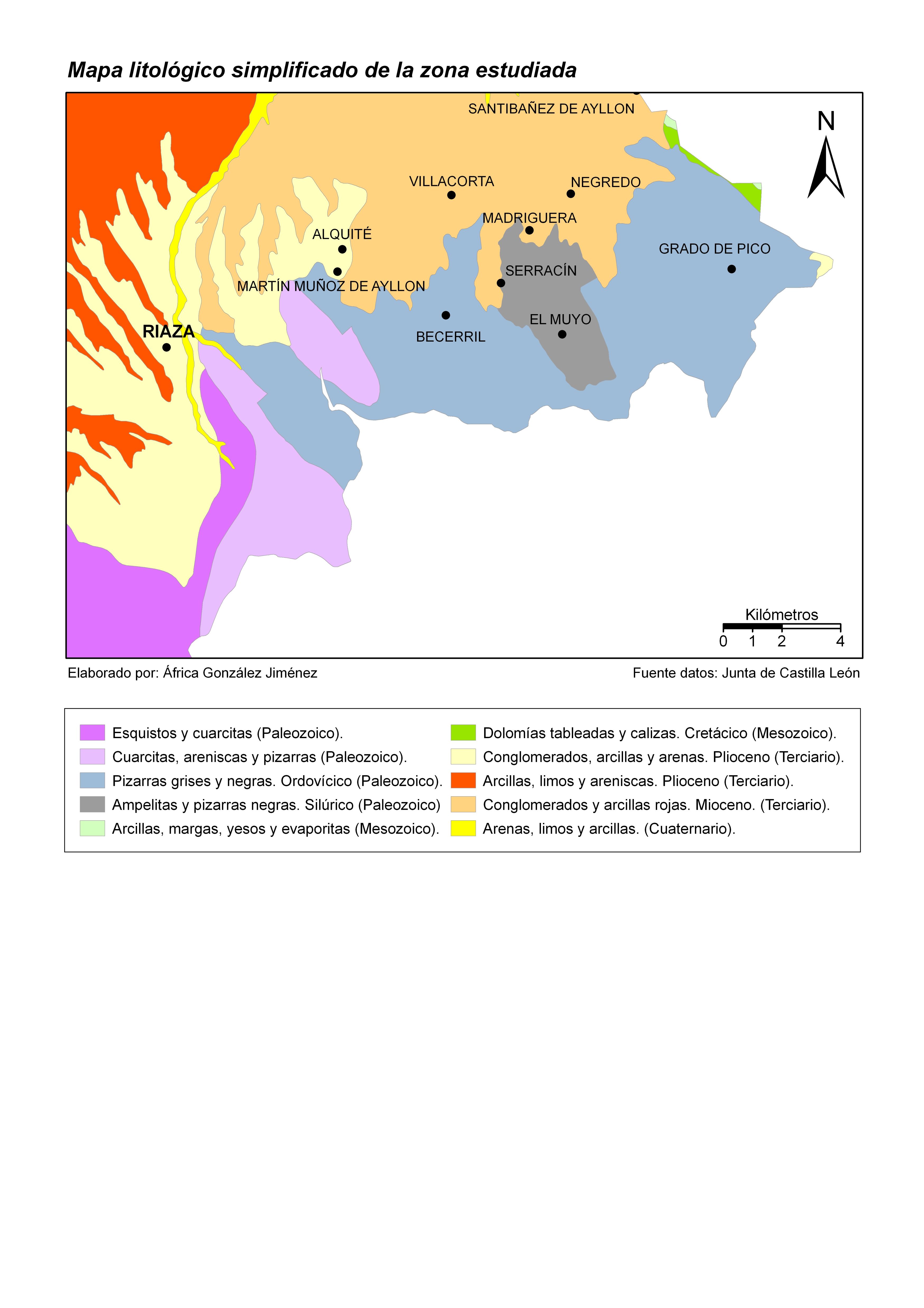 Fig 1. Mapa litológico de la comarca de la Sierra de Ayllón. Autora: África González Jiménez